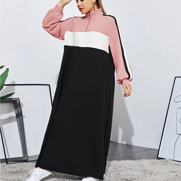 Plus Size Color Block Stripe Long Cuff Sleeve Maxi Dress - Picture 10 of 11